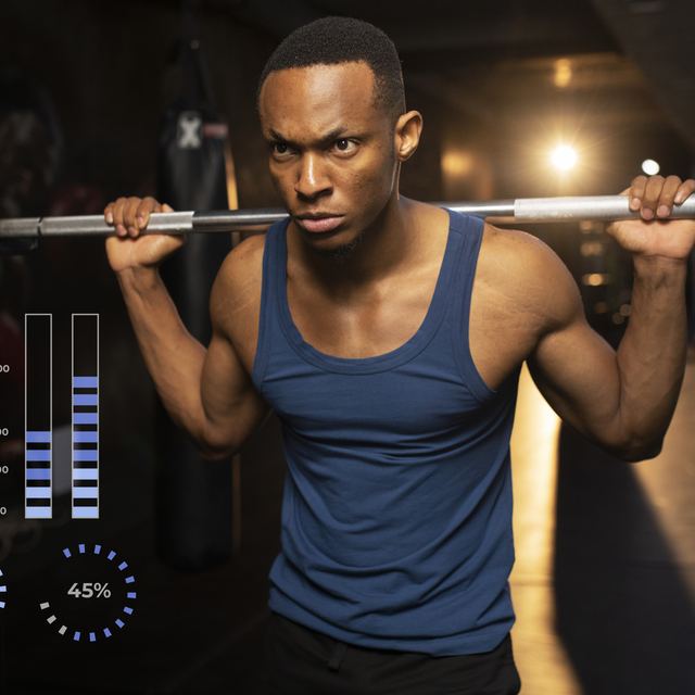 A gym member under a loaded barbell, with training metrics overlaid.