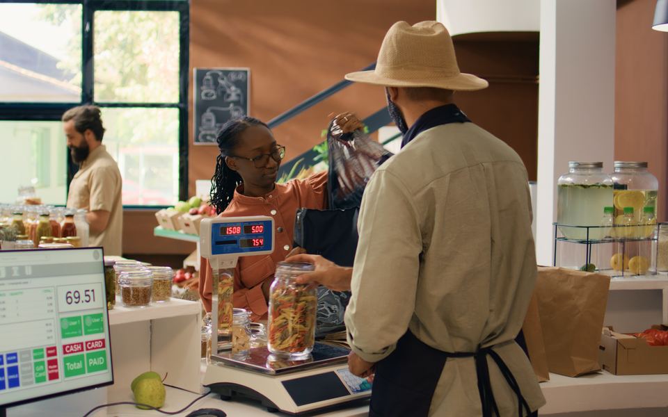A shopkeeper weighing and pricing goods at a checkout scale while a customer bags them.